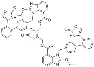 CAS # 1417576-02-3, Azilsartan dimer impurity, [5-[[2-ethoxy-3-[[4-[2-(5-oxo-4H-1,2,4-oxadiazol-3-yl)phenyl]phenyl]methyl]benzimidazole-4-carbonyl]oxymethyl]-2-oxo-1,3-dioxol-4-yl]methyl 2-ethoxy-3-[[4-[2-(5-oxo-4H-1,2,4-oxadiazol-3-yl)phenyl]phenyl]methyl]benzimidazole-4-carboxylate