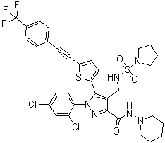 CAS # 1429239-98-4, 1-(2,4-Dichlorophenyl)-N-1-piperidinyl-4-[[(1-pyrrolidinylsulfonyl)amino]methyl]-5-[5-[2-[4-(trifluoromethyl)phenyl]ethynyl]-2-thienyl]-1H-pyrazole-3-carboxamide