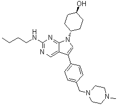 structure of CAS# 1429881-91-3, trans-4-[2-(Butylamino)-5-[4-[(4-methyl-1-piperazinyl)methyl]phenyl]-7H-pyrrolo[2,3-d]pyrimidin-7-yl]cyclohexanol