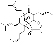 CAS # 143183-63-5, Adhyperforin, (1R,5S,6R,7S)-4-Hydroxy-6-methyl-1,3,7-tris(3-methyl-2-buten-1-yl)-5-(2-methyl-1-oxobutyl)-6-(4-methyl-3-penten-1-yl)-bicyclo[3.3.1]non-3-ene-2,9-dione