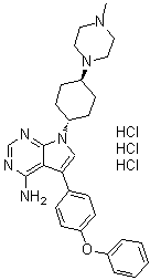 CAS # 1435934-25-0, 7-[trans-4-(4-Methyl-1-piperazinyl)cyclohexyl]-5-(4-phenoxyphenyl)-7H-pyrrolo[2,3-d]pyrimidin-4-amine hydrochloride (1:3)