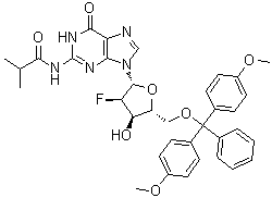 CAS # 144089-96-3, 5'-O-[Bis(4-methoxyphenyl)phenylmethyl]-2'-deoxy-2'-fluoro-N-(2-methyl-1-oxopropyl)guanosine, N-[9-[(2R,3R,4R,5R)-5-[[bis(4-methoxyphenyl)-phenylmethoxy]methyl]-3-fluoro-4-hydroxyoxolan-2-yl]-6-oxo-1H-purin-2-yl]-2-methylpropanamide