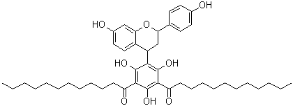 structure of CAS# 144337-18-8, 1,1'-[5-[3,4-Dihydro-7-hydroxy-2-(4-hydroxyphenyl)-2H-1-benzopyran-4-yl]-2,4,6-trihydroxy-1,3-phenylene]bis[1-dodecanone]