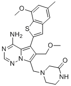 CAS # 1443530-05-9, Rogaratinib, 4-[[4-amino-6-(methoxymethyl)-5-(7-methoxy-5-methyl-1-benzothiophen-2-yl)pyrrolo[2,1-f][1,2,4]triazin-7-yl]methyl]piperazin-2-one