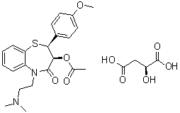 CAS # 144604-00-2, Diltiazem malate, (2S,3S)-3-(Acetyloxy)-5-[2-(dimethylamino)ethyl]-2,3-dihydro-2-(4-methoxyphenyl)-1,5-benzothiazepin-4(5H)-one (2S)-hydroxybutanedioate, MK 793