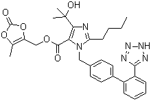 CAS # 144689-78-1, Olmesartan, 2-Butyl-4-(1-hydroxy-1-methylethyl)-1-[[2'-(1H-tetrazol-5-yl)[1,1'-biphenyl]-4-yl]methyl]-1H-imidazole-5-carboxylic acid (5-methyl-2-oxo-1,3-dioxol-4-yl)methyl ester