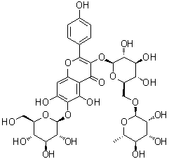 CAS # 145134-63-0, 6-Hydroxykaempferol 3-beta-rutinoside 6-beta-D-glucoside, 3-[[6-O-(6-Deoxy-alpha-L-mannopyranosyl)-beta-D-glucopyranosyl]oxy]-6-(beta-D-glucopyranosyloxy)-5,7-dihydroxy-2-(4-hydroxyphenyl)-4H-1-benzopyran-4-one, 6-Hydroxykaempferol 3-Rutinoside-6-glucoside