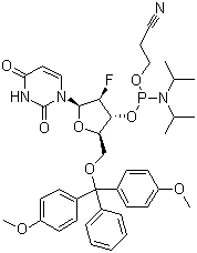 structure of CAS# 146954-75-8, 5'-O-(4,4-二甲氧基三苯甲基)-2'-脱氧-2'-氟尿苷-3'-(2-氰基乙基-N,N-二异丙基)亚磷酰胺