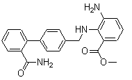 CAS # 147404-75-9, Azilsartan impurity F, 3-Amino-2-[[[2'-(aminocarbonyl)[1,1'-biphenyl]-4-yl]methyl]amino]-benzoic acid methyl ester