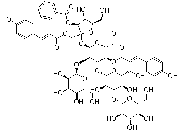 CAS # 147742-15-2, Tenuifoliose J, 3-O-Benzoyl-1-O-[(2E)-3-(4-hydroxyphenyl)-1-oxo-2-propen-1-yl]-beta-D-fructofuranosyl O-beta-D-glucopyranosyl-(1→3)-O-4,6-di-O-acetyl-beta-D-glucopyranosyl-(1→3)-O-[beta-D-glucopyranosyl-(1→2)]-alpha-D-glucopyranoside 4-[(2E)-3-(4-hydroxyphenyl)-2-propenoate]