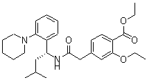 CAS # 147770-08-9, 2-Ethoxy-4-[2-[[(1R)-3-methyl-1-[2-(1-piperidinyl)phenyl]butyl]amino]-2-oxoethyl]benzoic acid ethyl ester, (R)-2-Ethoxy-4-[2-[[3-methyl-1-[2-(1-piperidinyl)phenyl]butyl]amino]-2-oxoethyl]benzoic acid ethyl ester