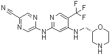 structure of CAS# 1489389-18-5, 5-[[4-[[(2R)-2-Morpholinylmethyl]amino]-5-(trifluoromethyl)-2-pyridinyl]amino]-2-pyrazinecarbonitrile