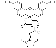 CAS # 150347-58-3, 1-[[[3,11-Dihydroxy-3'-oxospiro[7H-dibenzo[c,h]xanthene-7,1'(3'H)-isobenzofuran]-5'(or 6')-yl]carbonyl]oxy]-2,5-pyrrolidinedione, 3,11-Dihydroxy-3'-oxospiro[7H-dibenzo[c,h]xanthene-7,1'(3'H)-isobenzofuran]carboxylic acid 2,5-dioxo-1-pyrrolidinyl ester
