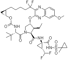 CAS # 1535212-07-7, Voxilaprevir, (1R,2R)-N-[[[(1R,2R)-2-[5,5-difluoro-5-(3-hydroxy-6-methoxy-2-quinoxalinyl)pentyl]cyclopropyl]oxy]carbonyl]-3-methyl-L-valyl-(3S,4R)-3-Ethyl-4-hydroxy-L-prolyl-1-amino-2-(difluoromethyl)-N-[(1-methylcyclopropyl)sulfonyl]cyclopropanecarboxamide cyclic (1→2)-ether