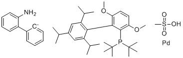 structure of CAS# 1536473-72-9, [2'-(amino-&kappa;N)[1,1'-biphenyl]-2-yl-&kappa;C][[3,6-dimethoxy-2',4',6'-tris(1-methylethyl)[1,1'-biphenyl]-2-yl]bis(1,1-dimethylethyl)phosphine-&kappa;P](methanesulfonato-&kappa;O)-Palladium