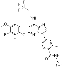 structure of CAS# 1554458-53-5, N-Cyclopropyl-4-[6-(2,3-difluoro-4-methoxyphenoxy)-8-[(3,3,3-trifluoropropyl)amino]imidazo[1,2-b]pyridazin-3-yl]-2-methylbenzamide