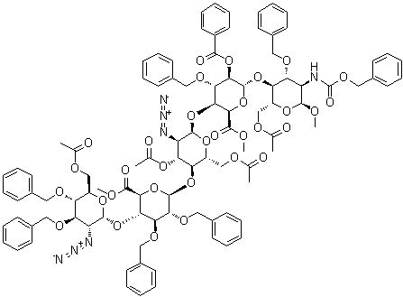 CAS # 1572360-01-0, Methyl O-6-O-acetyl-2-azido-2-deoxy-3,4-bis-O-(phenylmethyl)-alpha-D-glucopyranosyl-(1→4)-O-6-methyl-2,3-bis-O-(phenylmethyl)-beta-D-glucopyranuronosyl-(1→4)-O-3,6-di-O-acetyl-2-azido-2-deoxy-alpha-D-glucopyranosyl-(1→4)-O-2-O-benzoyl-6-methyl-3-O-(phenylmethyl)-alpha-L-idopyranuronosyl-(1→4)-2-deoxy-2-[[(phenylmethoxy)carbonyl]amino]-3-O-(phenylmethyl)-alpha-D-glucopyranoside 6-acetate