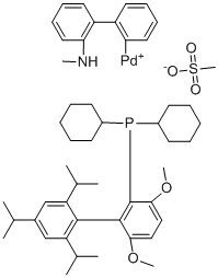 structure of CAS# 1599466-83-7, (SP-4-3)-[二环己基[3,6-二甲氧基-2',4',6'-三(1-甲基乙基)[1,1'-联苯]-2-基]膦-κP](甲烷磺酸基-κO)[2'-(甲基氨基-κN)[1,1'-联苯]-2-基-κC]-钯