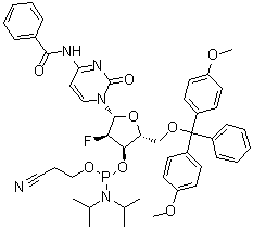 structure of CAS# 161442-19-9, N-苯甲酰基-5'-O-[二(4-甲氧基苯基)苯基甲基]-2'-脱氧-2'-氟胞苷 3'-[2-氰基乙基 N,N-二异丙基氨基亚磷酸酯]