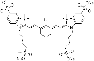 CAS # 162093-39-2, 3,3-Dimethyl-2-[2-[2-chloro-3-[2-[1,3-dihydro-3,3-dimethyl-5-sulfo-1-(4-sulfobutyl)-2H-indol-2-ylidene]ethylidene]-1-cyclohexen-1-yl]ethenyl]-5-sulfo-1-(4-sulfobutyl)-3H-indolium inner salt trisodium salt