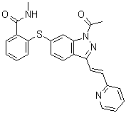 CAS # 1639137-80-6, 2-[[1-Acetyl-3-[(1E)-2-(2-pyridinyl)ethenyl]-1H-indazol-6-yl]thio]-N-methylbenzamide