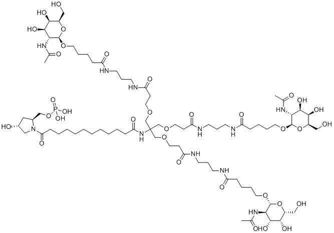 CAS # 1639324-58-5, Cemdisiran, [(2S,4R)-1-[12-[[1,3-bis[3-[3-[5-[(2R,3R,4R,5R,6R)-3-acetamido-4,5-dihydroxy-6-(hydroxymethyl)oxan-2-yl]oxypentanoylamino]propylamino]-3-oxopropoxy]-2-[[3-[3-[5-[(2R,3R,4R,5R,6R)-3-acetamido-4,5-dihydroxy-6-(hydroxymethyl)oxan-2-yl]oxypentanoylamino]propylamino]-3-oxopropoxy]methyl]propan-2-yl]amino]-12-oxododecanoyl]-4-hydroxypyrrolidin-2-yl]methyl dihydrogen phosphate