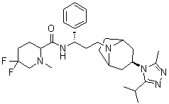 CAS # 1673575-96-6, 5,5-Difluoro-1-methyl-N-[(1S)-3-[(3-exo)-3-[3-methyl-5-(1-methylethyl)-4H-1,2,4-triazol-4-yl]-8-azabicyclo[3.2.1]oct-8-yl]-1-phenylpropyl]-2-piperidinecarboxamide