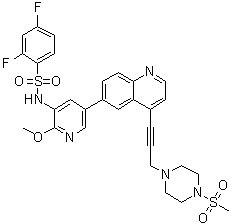 structure of CAS# 1676893-24-5, 2,4-二氟-N-[2-甲氧基-5-[4-[3-[4-(甲基磺酰基)-1-哌嗪基]-1-丙炔-1-基]-6-喹啉基]-3-吡啶基]苯磺酰胺