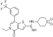 structure of CAS# 1714146-59-4, 5-Ethyl-4,5-dihydro-4-oxo-N-(tetrahydro-1,1-dioxido-2H-thiopyran-4-yl)-7-[3-(trifluoromethyl)phenyl]thieno[3,2-c]pyridine-2-carboximidamide