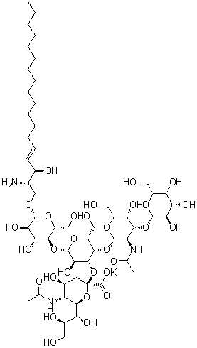 CAS 登录号：171483-40-2, (2S,3R,4E)-2-氨基-3-羟基-4-十八碳烯基 O-(N-乙酰基-alpha-神经胺酸基)-(2→3)-O-[O-beta-D-吡喃半乳糖基-(1→3)-2-(乙酰氨基)-2-脱氧-beta-D-吡喃半乳糖基-(1→4)]-O-beta-D-吡喃半乳糖基-(1→4)-beta-D-吡喃葡萄糖苷单钾盐