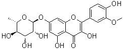 CAS # 17331-72-5, Isorhamnetin 7-alpha-L-rhamnoside, 7-[(6-Deoxy-alpha-L-mannopyranosyl)oxy]-3,5-dihydroxy-2-(4-hydroxy-3-methoxyphenyl)-4H-1-benzopyran-4-one, Isorhamnetin 7-O-rhamnoside