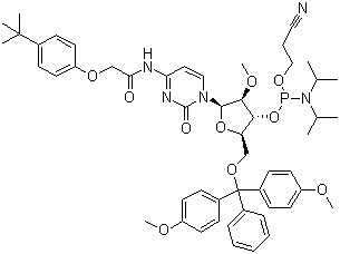 structure of CAS# 179486-26-1, 5'-O-(4,4-二甲氧基三苯甲基)-N-[[4-(叔丁基)苯氧基]乙酰基]-2'-O-甲基胞苷-3'-(2-氰基乙基-N,N-二异丙基)亚磷酰胺