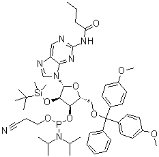 CAS # 179558-91-9, N-[9-[5-O-[Bis(4-methoxyphenyl)phenylmethyl]-3-O-[[bis(1-methylethyl)amino](2-cyanoethoxy)phosphino]-2-O-[(1,1-dimethylethyl)dimethylsilyl]-beta-D-ribofuranosyl]-9H-purin-2-yl]butanamide