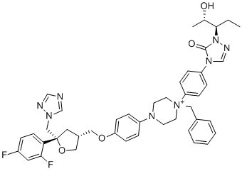 CAS # 1819334-66-1, Posaconazole impurity 18, 4-(4-(((3R,5R)-5-((1H-1,2,4-triazol-1-yl)methyl)-5-(2,4-difluorophenyl)tetrahydrofuran-3-yl)methoxy)phenyl)-1-benzyl-1-(4-(1-((2S,3R)-2-hydroxypentan-3-yl)-5-oxo-1H-1,2,4-triazol-4(5H)-yl)phenyl)piperazin-1-ium