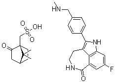 structure of CAS# 1859053-21-6, (1S,4R)-7,7-Dimethyl-2-oxobicyclo[2.2.1]heptane-1-methanesulfonic acid compd. with 8-fluoro-1,3,4,5-tetrahydro-2-[4-[(methylamino)methyl]phenyl]-6H-pyrrolo[4,3,2-ef][2]benzazepin-6-one (1:1)