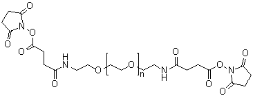 structure of CAS# 186020-53-1, alpha-[2-[[4-[(2,5-Dioxo-1-pyrrolidinyl)oxy]-1,4-dioxobutyl]amino]ethyl]-omega-[2-[[4-[(2,5-dioxo-1-pyrrolidinyl)oxy]-1,4-dioxobutyl]amino]ethoxy]poly(oxy-1,2-ethanediyl)