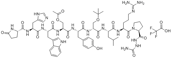 CAS # 1926163-83-8, H-Pyr-His-Trp-Ser(Ac)-Tyr-D-Ser(tBu)-Leu-Arg-Pro-NHNHCONH2.TFA, [(2S)-3-[[(2S)-1-[[(2R)-1-[[(2S)-1-[[(2S)-1-[(2S)-2-[(carbamoylamino)carbamoyl]pyrrolidin-1-yl]-5-(diaminomethylideneamino)-1-oxopentan-2-yl]amino]-4-methyl-1-oxopentan-2-yl]amino]-3-[(2-methylpropan-2-yl)oxy]-1-oxopropan-2-yl]amino]-3-(4-hydroxyphenyl)-1-oxopropan-2-yl]amino]-2-[[(2S)-2-[[(2S)-3-(1H-imidazol-5-yl)-2-[[(2S)-5-oxopyrrolidine-2-carbonyl]amino]propanoyl]amino]-3-(1H-indol-3-yl)propanoyl]amino]-3-oxopropyl] acetate,2,2,2-trifluoroacetic acid