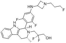 structure of CAS# 1953133-47-5, (1R,3R)-1-[2,6-Difluoro-4-[[1-(3-fluoropropyl)-3-azetidinyl]amino]phenyl]-β,β-difluoro-1,3,4,9-tetrahydro-3-methyl-2H-pyrido[3,4-b]indole-2-propanol