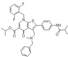 CAS # 199119-18-1, 7-[(2,6-Difluorophenyl)methyl]-4,7-dihydro-2-[4-[(2-methyl-1-oxopropyl)amino]phenyl]-3-[[methyl(phenylmethyl)amino]methyl]-4-oxothieno[2,3-b]pyridine-5-carboxylic acid 1-methylethyl ester
