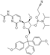 structure of CAS# 199593-09-4, N-Acetyl-5'-O-(4,4-dimethoxytrityl)-2'-O-methylcytidine-3'-(2-cyanoethyl-N,N-diisopropyl)phosphoramidite