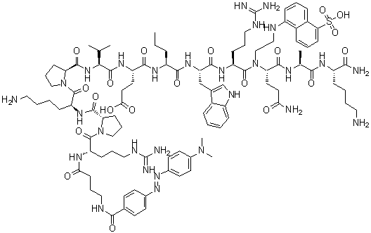 structure of CAS# 202273-56-1, N2-[4-[[4-[[4-(二甲基氨基)苯基]偶氮]苯甲酰基]氨基]-1-氧代丁基]-L-精氨酰-L-脯氨酰-L-赖氨酰-L-脯氨酰-L-缬氨酰-L-alpha-谷氨酰-L-正缬氨酰-L-色氨酰-L-精氨酰-N-[2-[(5-磺基-1-萘基)氨基]乙基]-L-谷氨酰胺酰-L-丙氨酰-L-赖氨酰胺