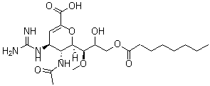 CAS # 203120-46-1, Laninamivir octanoate, D-Glycero-D-galacto-non-2-enonic acid 5-(acetylamino)-4-[(aminoiminomethyl)amino]-2,6-anhydro-3,4,5-trideoxy-7-O-methyl-9-octanoate, (2R,3R,4S)-3-Acetamido-4-guanidino-2-[(1R,2R)-2-hydroxy-1-methoxy-3-(octanoyloxy)propyl]-3,4-dihydro-2H-pyran-6-carboxylic acid, (4S,5R,6R)-5-Acetamido-4-guanidino-6-[(1R,2R)-2-hydroxy-1-methoxy-3-(octanoyloxy)propyl]-5,6-dihydro-4H-pyran-2-carboxylic acid, CS 8958