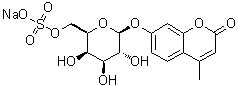 structure of CAS# 206443-06-3, 4-Methyl-7-[(6-O-sulfo-beta-D-galactopyranosyl)oxy]-2H-1-benzopyran-2-one monosodium salt