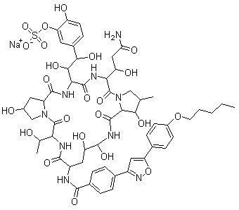 CAS # 208538-73-2, Micafungin sodium, Mycamine, FK 463, sodium [5-[(1S,2S)-2-[(3S,6S,9S,11R,15S,18S,20R,21R,24S,25S,26S)-3-[(1R)-3-amino-1-hydroxy-3-oxopropyl]-11,20,21,25-tetrahydroxy-15-[(1R)-1-hydroxyethyl]-26-methyl-2,5,8,14,17,23-hexaoxo-18-[[4-[5-(4-pentoxyphenyl)-1,2-oxazol-3-yl]benzoyl]amino]-1,4,7,13,16,22-hexazatricyclo[22.3.0.09,13]heptacosan-6-yl]-1,2-dihydroxyethyl]-2-hydroxyphenyl] sulfate