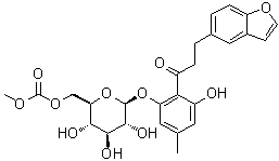 structure of CAS# 209746-59-8, 3-(5-Benzofuranyl)-1-[2-hydroxy-6-[[6-O-(methoxycarbonyl)-beta-D-glucopyranosyl]oxy]-4-methylphenyl]-1-propanone