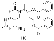 CAS # 2105-44-4, Dibenzoyl thiamine hydrochloride, Benzenecarbothioic acid S-[2-[[(4-amino-2-methyl-5-pyrimidinyl)methyl]formylamino]-1-[2-(benzoyloxy)ethyl]-1-propen-1-yl] ester hydrochloride