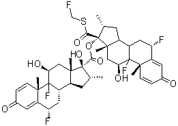 CAS # 220589-37-7, (6alpha,11beta,16alpha,17alpha)-6,9-Difluoro-11,17-dihydroxy-16-methyl-3-oxoandrosta-1,4-diene-17-carboxylic acid (6alpha,11beta,16alpha,17alpha)-6,9-difluoro-17-[[(fluoromethyl)thio]carbonyl]-11-hydroxy-16-methyl-3-oxoandrosta-1,4-dien-17-yl ester