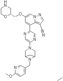 CAS # 2222755-14-6, 4-[5-[6-[(6-Methoxy-3-pyridinyl)methyl]-3,6-diazabicyclo[3.1.1]hept-3-yl]-2-pyrazinyl]-6-[(2R)-2-morpholinylmethoxy]pyrazolo[1,5-a]pyridine-3-carbonitrile