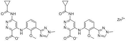 CAS 登录号：2245111-19-5, 6-(环丙烷甲酰胺基)-4-((2-甲氧基-3-(1-甲基-1H-1,2,4-三唑-3-基)苯基)氨基)哒嗪-3-羧酸锌(II)