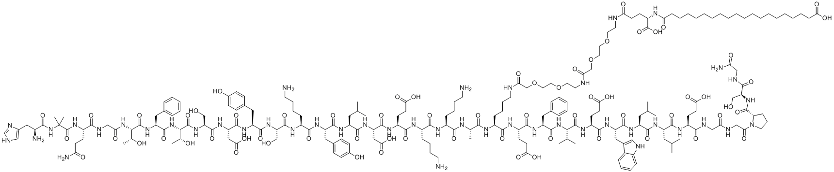 CAS # 2259884-03-0, Mazdutide, 2-[[(2S)-2-[[(2S)-2-[[(2S)-2-[[(2S)-6-amino-2-[[(2S)-2-[[(2S)-2-[[(2S)-2-[[(2S)-2-[[(2S,3R)-2-[[(2S)-2-[[(2S,3R)-2-[[2-[[(2S)-5-amino-2-[[2-[[(2S)-2-amino-3-(1H-imidazol-4-yl)propanoyl]amino]-2-methylpropanoyl]amino]-5-oxopentanoyl]amino]acetyl]amino]-3-hydroxybutanoyl]amino]-3-phenylpropanoyl]amino]-3-hydroxybutanoyl]amino]-3-hydroxypropanoyl]amino]-3-carboxypropanoyl]amino]-3-(4-hydroxyphenyl)propanoyl]amino]-3-hydroxypropanoyl]amino]hexanoyl]amino]-3-(4-hydroxyphenyl)propanoyl]amino]-4-methylpentanoyl]amino]-3-carboxypropanoyl]amino]-4-carboxybutanoyl]amino]hexanoyl]amino]hexanoyl]amino]propanoyl]amino]-6-[[(2S)-1-[[(2S)-1-[[(2S)-1-[[(2S)-1-[[(2S)-1-[[(2S)-1-[[(2S)-1-[[(2S)-1-[[2-[[2-[(2S)-2-[[(2S)-1-[(2-amino-2-oxoethyl)amino]-3-hydroxy-1-oxopropan-2-yl]carbamoyl]pyrrolidin-1-yl]-2-oxoethyl]amino]-2-oxoethyl]amino]-4-carboxy-1-oxobutan-2-yl]amino]-4-methyl-1-oxopentan-2-yl]amino]-4-methyl-1-oxopentan-2-yl]amino]-3-(1H-indol-3-yl)-1-oxopropan-2-yl]amino]-4-carboxy-1-oxobutan-2-yl]amino]-3-methyl-1-oxobutan-2-yl]amino]-1-oxo-3-phenylpropan-2-yl]amino]-4-carboxy-1-oxobutan-2-yl]amino]-6-oxohexyl]amino]-2-oxoethoxy]ethoxy]ethylamino]-2-oxoethoxy]ethoxy]ethylamino]-1-carboxy-4-oxobutyl]amino]-20-oxoicosanoic acid
